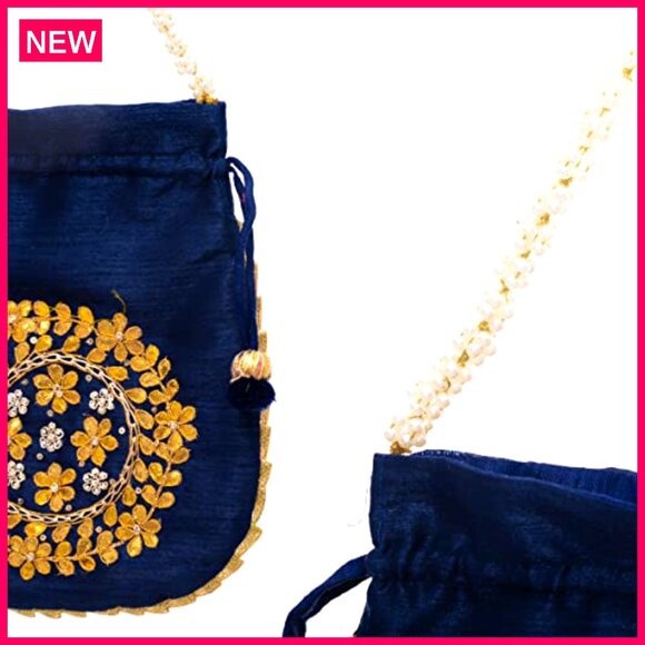 Embroidered Potli Clutch Wristlet Handmade Traditional Ethnic Wedding Party - Picture 4 of 7